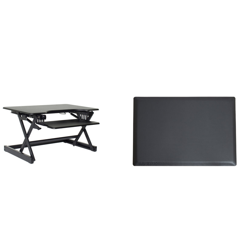  32 in. Black Height Adjustable Standing Desk Converter with Anti Fatigue Mat, Dual Monitor and Gas Spring Tray System, Black