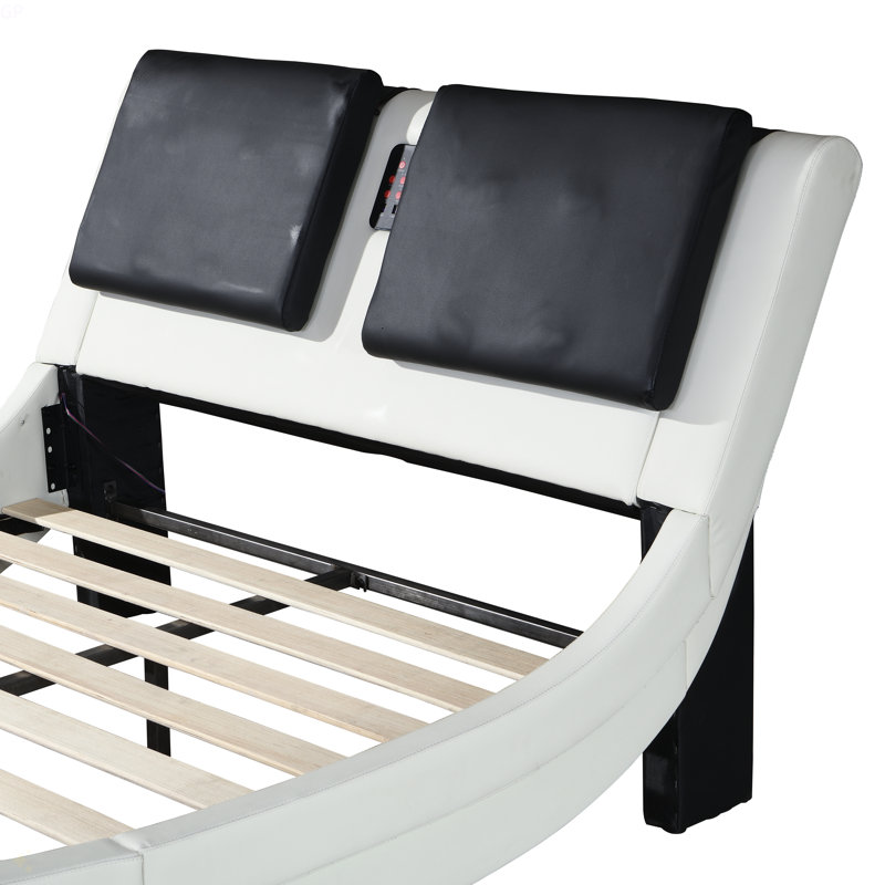 Faux Leather Upholstered Platform Bed Frame With Led Lighting ,Bluetooth Connection To Play Music Control,Backrest Vibration Massage,Curve Design, Wood Slat Support