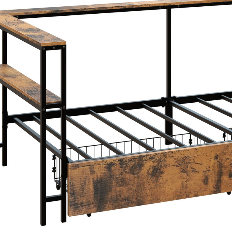 Corner Bed Frame, Metal Platform Bed Frame with Storage Drawers