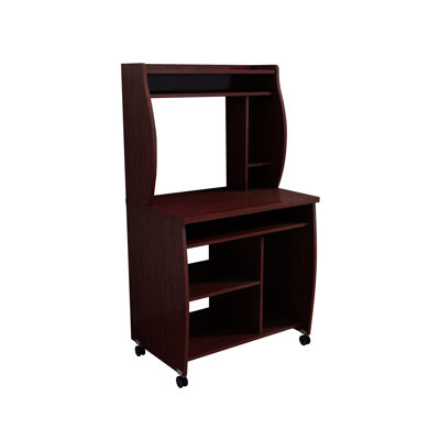 Chariot à micro-ondes avec support à épices, roulettes verrouillables, tablette arrière ouverte pour écran d'ordinateur, glissières d'extension en métal pour plateau à ustensiles coulissants, quatre roulettes pratiques, tiroir à clavier