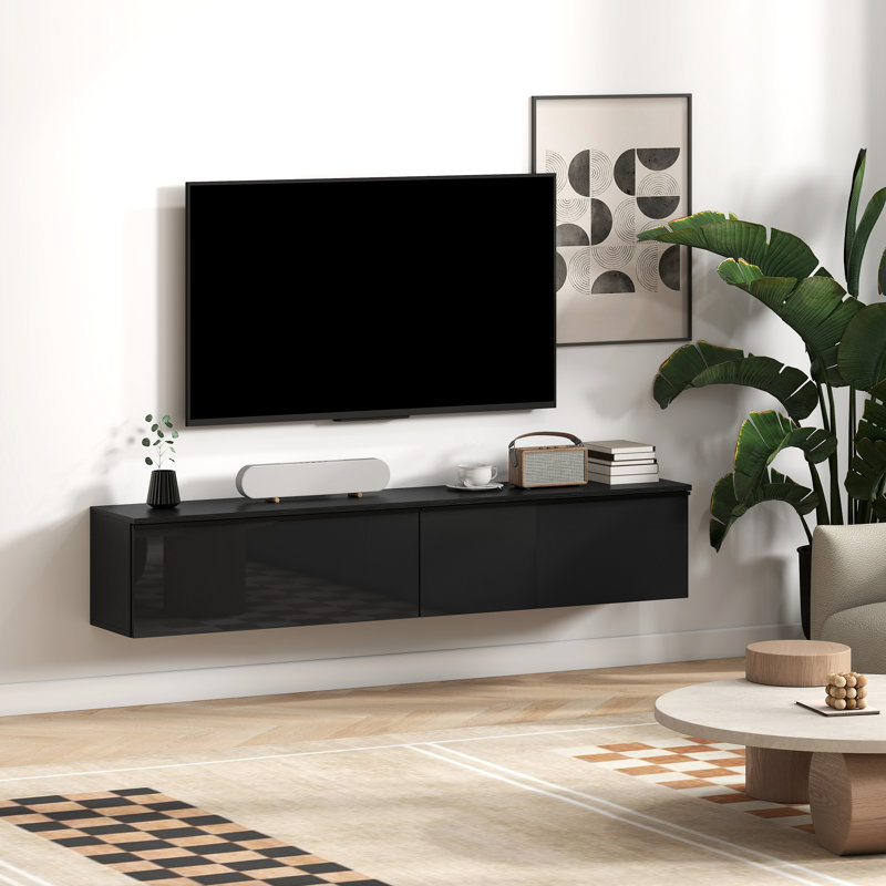 Meuble télé mural avec rangement, console multimédia flottante, noir, Noir