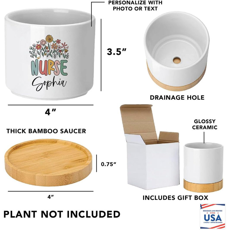 Pot de fleurs personnalisé 4 "avec drainage, fleurs sauvages et nom, cadeau de la BSN LPN, Oui