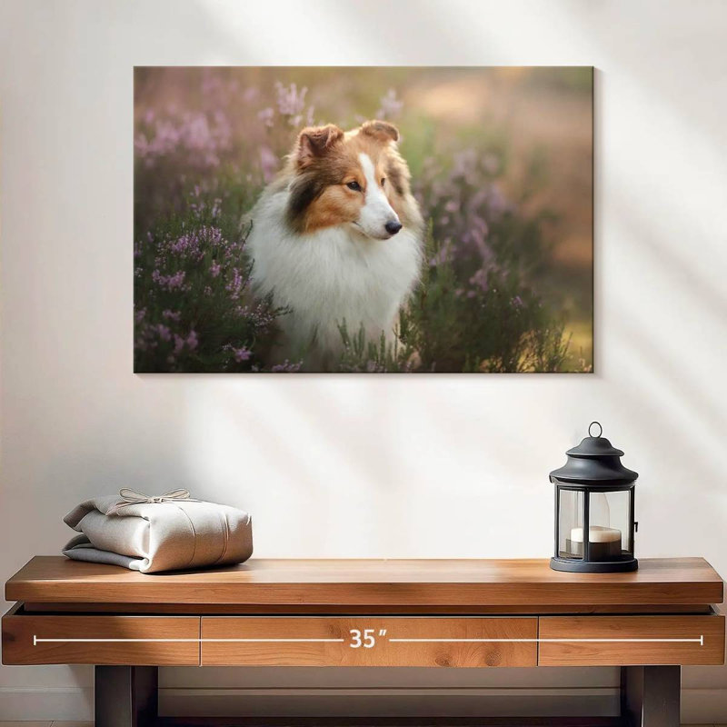 Sheltie et fleurs, H 16 po x l 24 po
