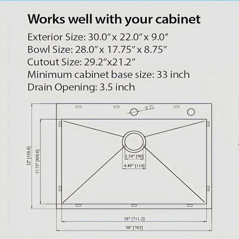 Évier de cuisine encastré 30 po x 22 po x 9 po à cuve simple en acier inoxydable de calibre 16 30 po