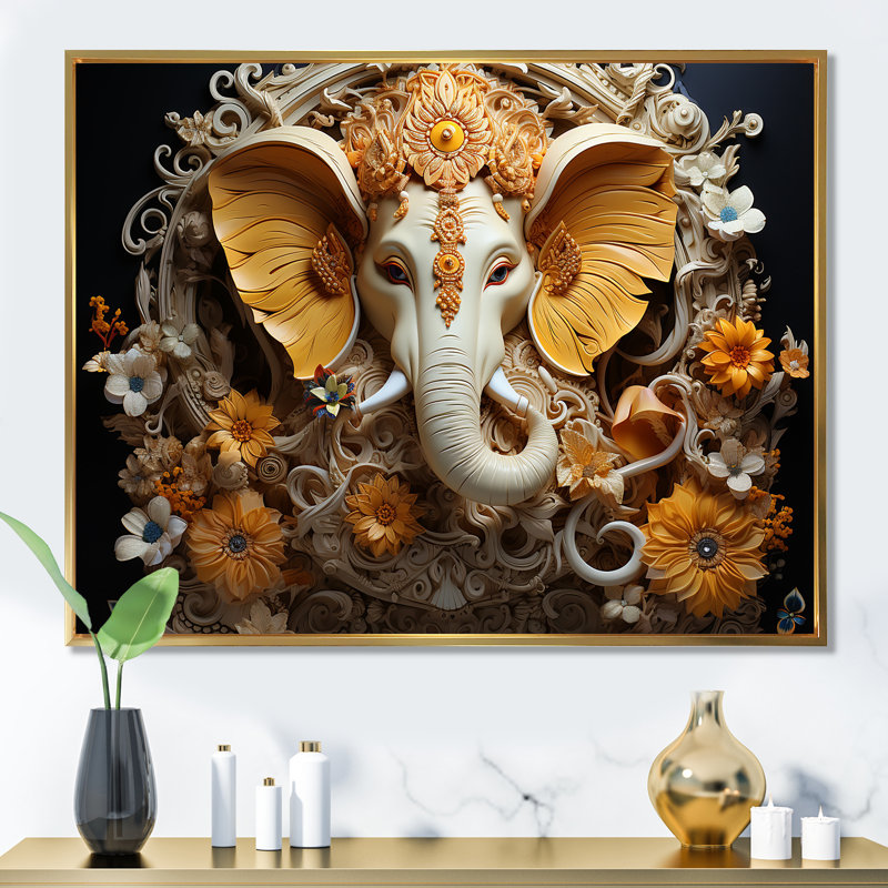 «Hindu Ganesha Elephant God Curmeric Tints I - Hinduism», art encadré, Reproduction avec cadre flottant, Doré
