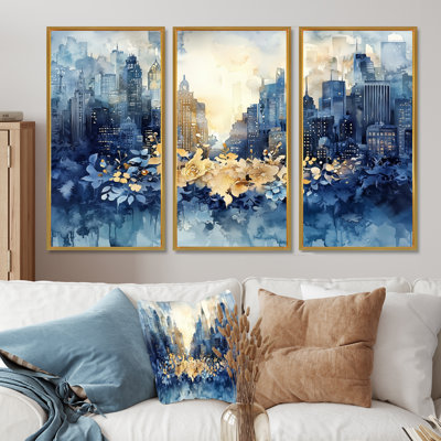 Urban Flux Of Abstract New York At Night I - Cityscape Wall Art Decor - 3 Pieces