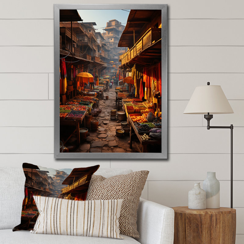 «Yavonna Indian Art Vibrant Bazars», reproduction sur toile, H 44 po x l 34 po x P 1,5 po, Cadre simple argenté