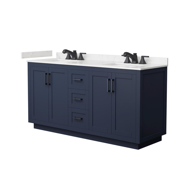 Meuble-lavabo double autoportant de 66 po avec plateau en marbre Miranda, Bleu, Noir mat