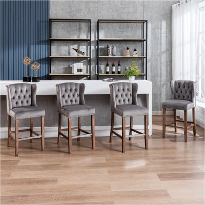 Emily-May Upholstered 27" Seat Height Barstools, Wingback Breakfast Chairs with Nailhead-Trim & Tufted Back