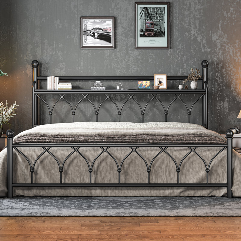 54"H Metal Bed Frame With Storage Headboard, Led Light And Power Outlets, King , Black