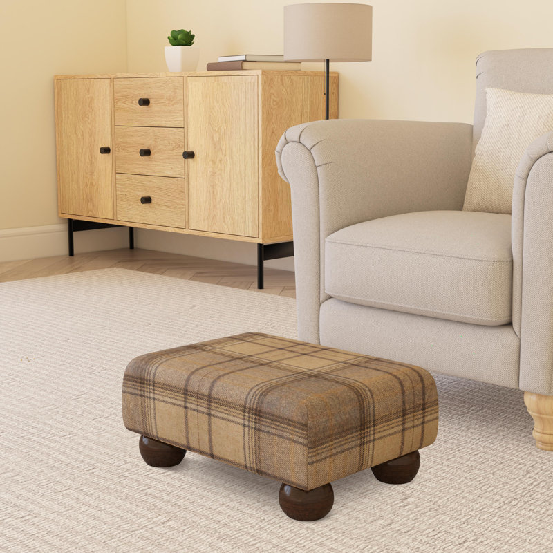 Tartan Material Large Footstools Tartan - Cream - Wood Bun Feet, Mahogany