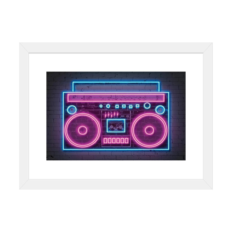 Reproduction d’art graphique « Boombox Neon » par octave Mielu, Papier encadré blanc, Blanc, H 16 po x l 24 po x P 1 po