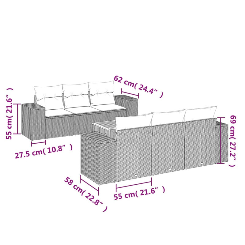  Ensemble de canapé de patio 7 pièces avec coussins en rotin de polyester noir