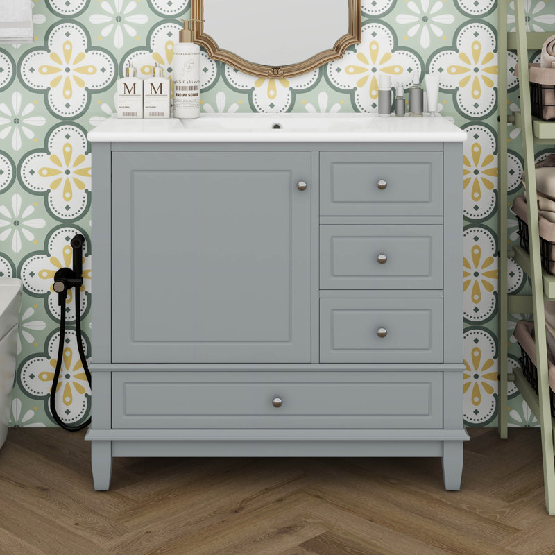 Meuble-lavabo de 36 po avec lavabo, ensemble de meuble-lavabo simple avec 3 tiroirs et une porte avec supports de rangement, armoire de rangement en bois