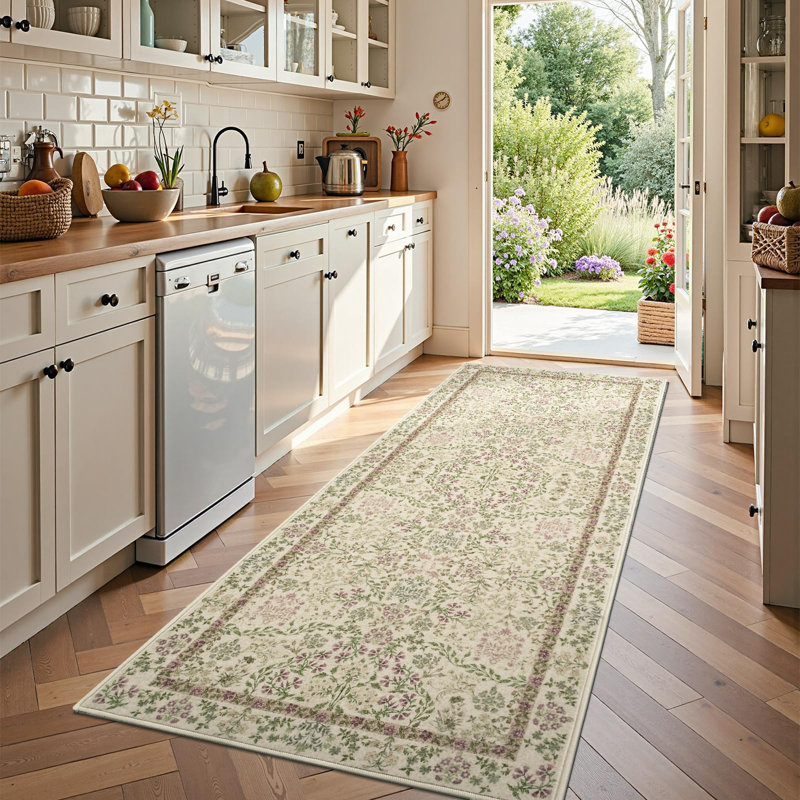 Floral Machine Washable Area Rug, Runner 3' x 8'