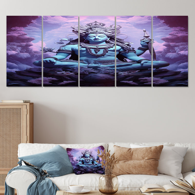 «Shiva bleu sur un trône, portail de nuages mauves - Hindouisme», 5 pièces, H 32 po x l 80 po
