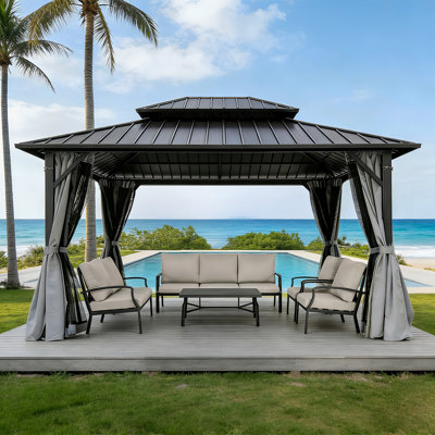 10 Ft. x 12 Ft. Outdoor Aluminum Hardtop Gazebo, Double Roof Patio Gazebo with Curtains and Netting, Ventilated Metal Roof Outdoor Shelter for Backyard, Garden, Deck and Patio, Gray