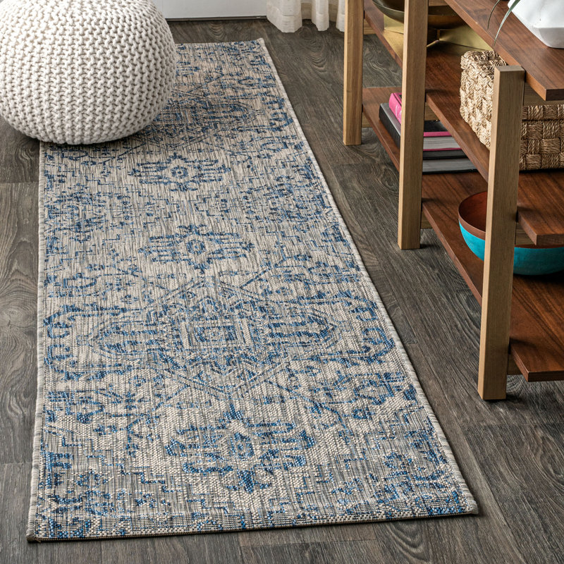 Truman Bohemian Medallion Textured Weave Navy/Gray Indoor/Outdoor Rug, Runner 2'2" x 8'
