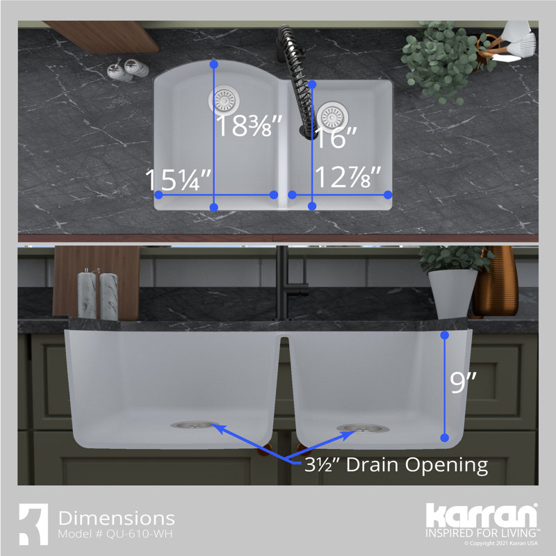 Karran Undermount Quartz Composite 32'' X 21'' 60/40 Double Bowl Kitchen Sink, White