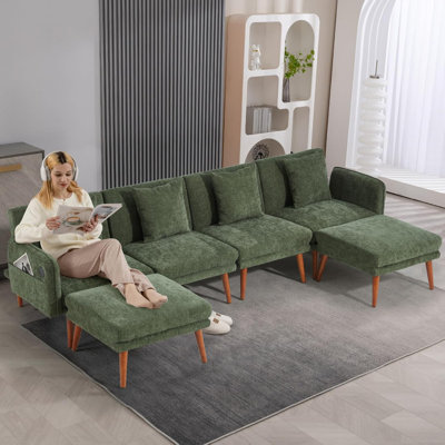 Canapé modulaire moderne avec USB, avec dossier réglable et tissu en chenille avec accoudoirs, tissu en chenille, avec 4 coussins pour le salon, un appartement, un bureau