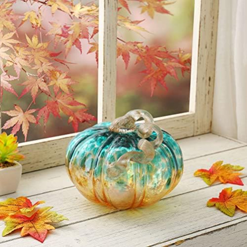 Décoration de table citrouille en verre soufflé à la main pour la récolte d'automne - paillettes bleues / dorées H 4,13 po