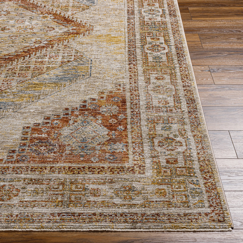 Tapis oriental en polyester tissé à la machine en rouille / beige, Rond 7 pi 10 po