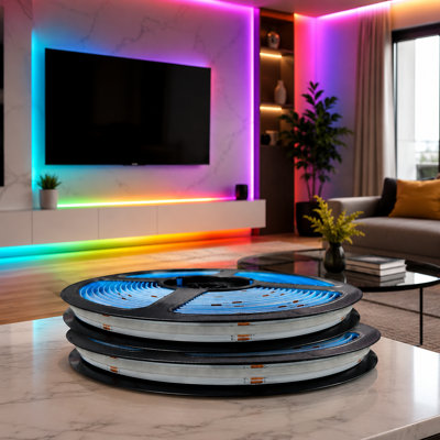 2 rolls of 20FT form a 40FT 24V COB RGB Smart IC strip system with UL-Listed construction, multicolor color-flowing effects, flexible tape, app control, and music sync for bedrooms, gaming, parties, or home decor.