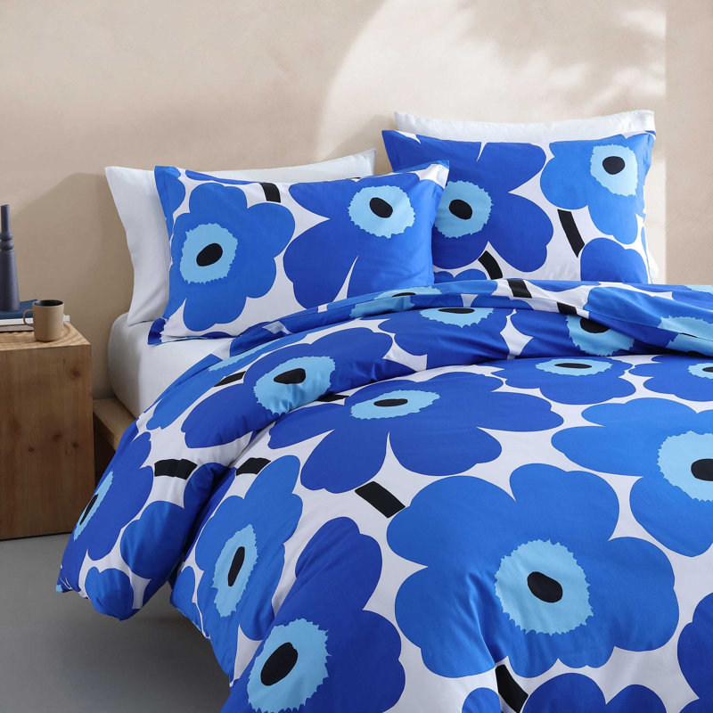 Marimekko Unikko Blue Cotton Reversible Comforter Set, King Comforter + 2 King Shams