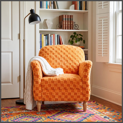 Fauteuil d'appoint à carreaux en velours côtelé, fauteuil simple rembourré en damier moelleux avec pieds en bois massif, fauteuil d'appoint rembourré Comfort, disponible en beige, orange et gris pour le salon et la chambre à coucher