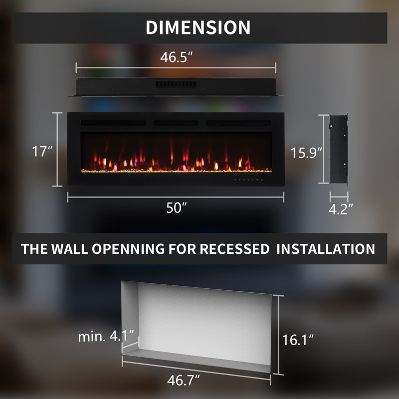 Pro 50 Inch Smart Recessed And Wall Mounted Electric Fireplace, 12 Colors Of Flame & Ember, 5 Brightness, 1500w Heater, Log & Crystal, Alexa/wifi Enabled