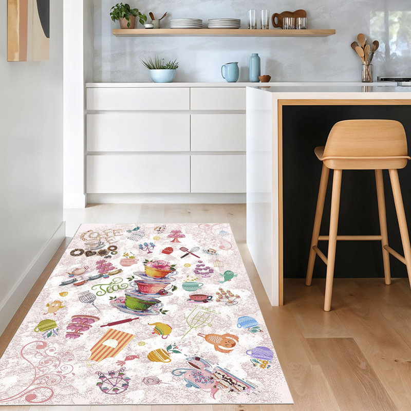 Tapis en polyester tissé à la machine en rose / blanc / orange, Tapis de couloir 2 pi 7 po x 9 pi 10 po