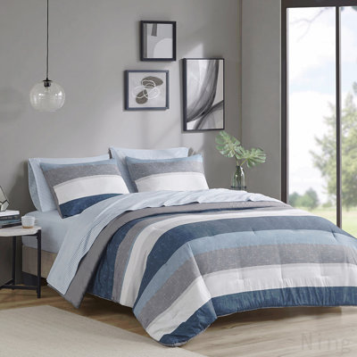 Ensemble d'édredon à rayures avec draps bleu / gris