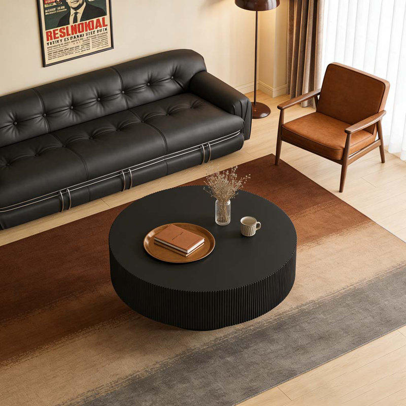 Round Coffee Table with 6.8" Thick Tabletop, Modern Drum End Table, 13.7" H x 31.5" L x 31.5" W, Black