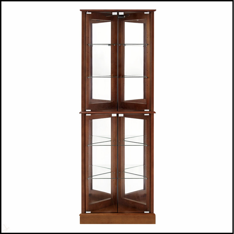 Vitrine de coin d'angle avec tablettes réglables, dossier en miroir et lumières DEL au fini noyer