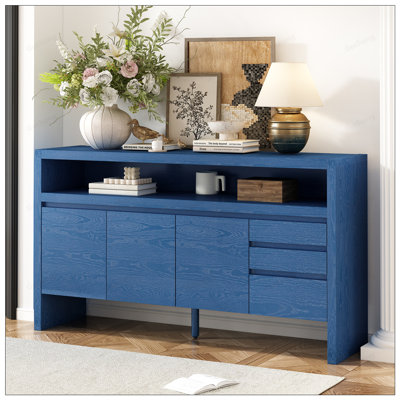 Buffet 3 portes avec 3 tiroirs - Panneau de fibres à densité moyenne en placage de frêne massif moderne, tablette semi-ouverte et découpe centrale pour un rangement spacieux et une présentation élégante
