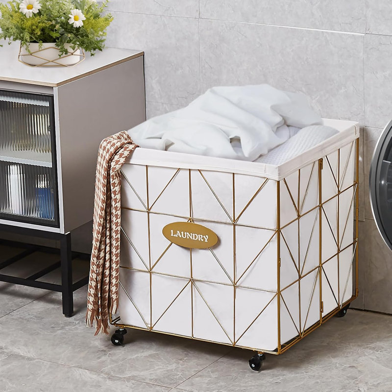 Collapsible Rolling Laundry Hamper, 22" H x 13.8" W x 13.8" D, Gold