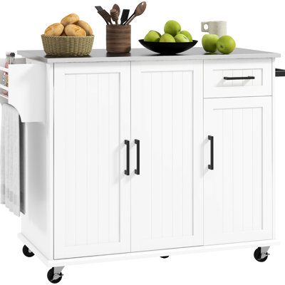 Kitchen Island With Drawer And Spice Shelf - White, Stainless Steel Countertop, 3 Cabinets, Towel Rack, Compact Design Cart Counter, Drawer, Rack White For Organized Meal Prep