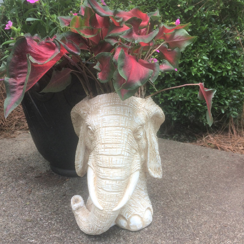 Muggly's Elephant Mascot Animal Statue Planter, 18" H x 10.5" W x 12" D, Antique White