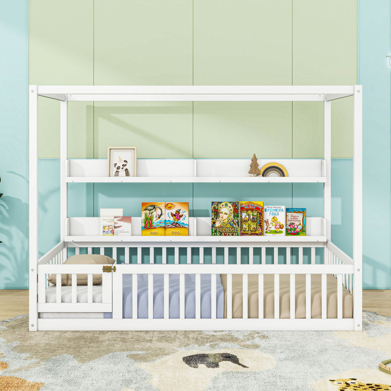 Wooden Floor Bed With Canopy Design, Built-In Shelves And Safety Guardrails, Twin, White