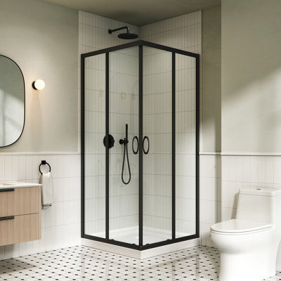 Breeze Square 36 in. L x 36 in. W x 75.63 in. H Corner Shower Kit in Matte Black, Clear Sliding Doors and Pan
