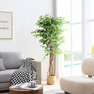 Vikki Artificial Ficus Tree With Natural Wood Trunk, Faux Plant For Office Home, Indoor Outdoor Decor, 1 Pack