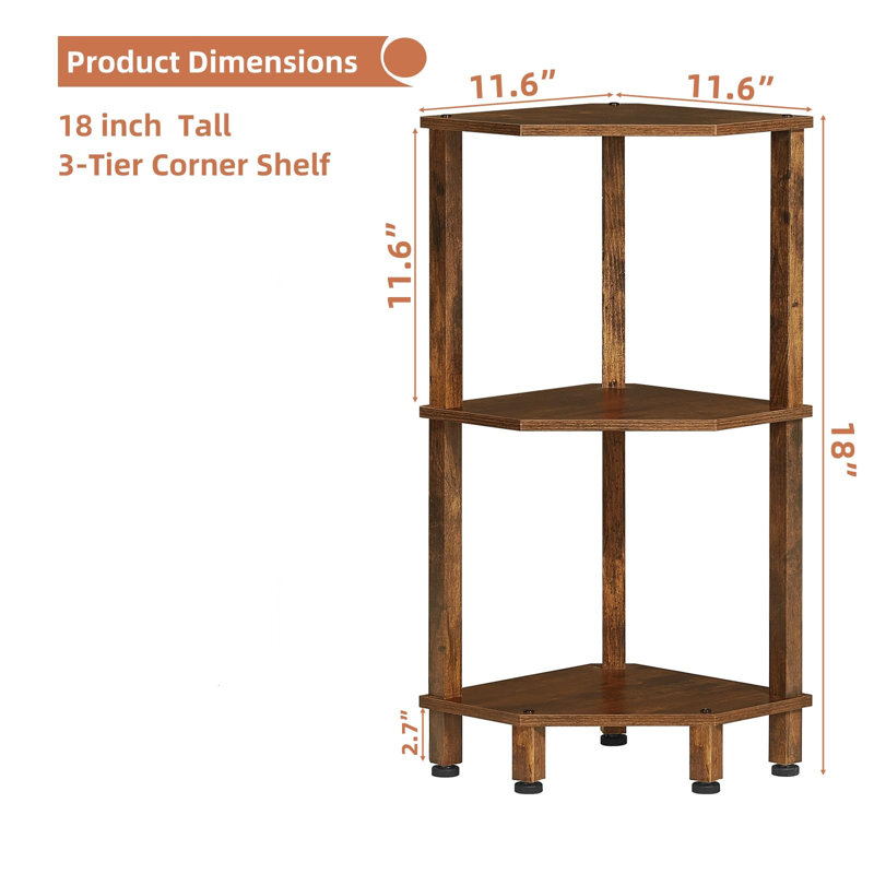 3-Tier Corner Shelf with Sturdy 5-Leg Base, Wooden Corner Bookcase for Small Spaces, Wooden Plant Display Shelf, Thin Bookshelf for Living Room, Bedroom, Office (Brown)