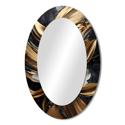 Golden Dahlia Petal Geometry I - Floral Oval Decorative Mirror On Metal