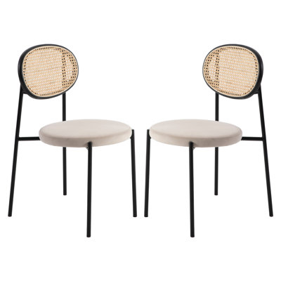 Chaise d'appoint moderne en velours avec dossier en rotin et pieds en métal noir pour la cuisine ou la salle à manger
