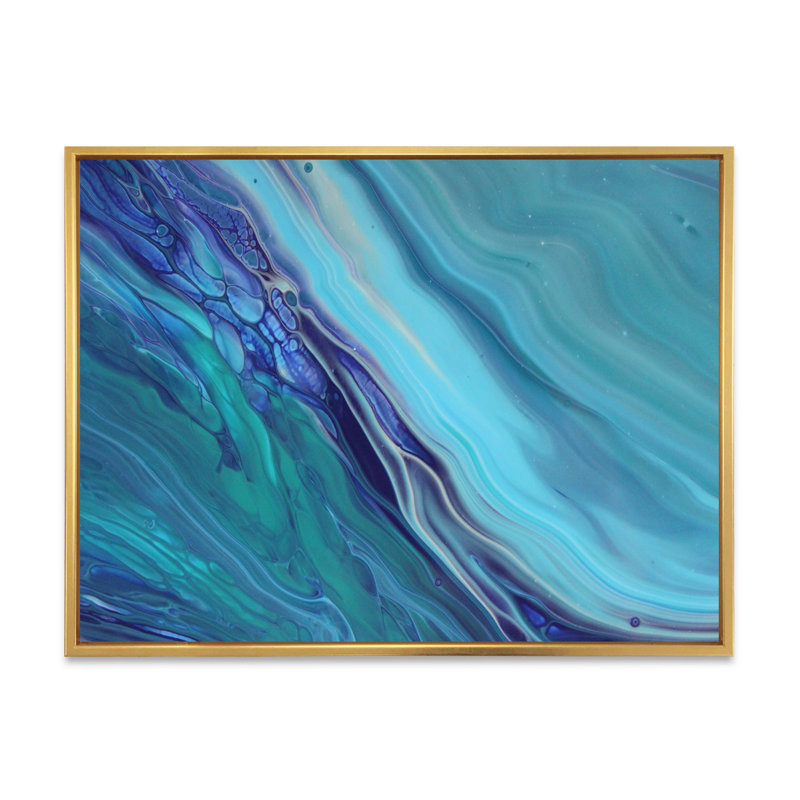 Art liquide avec vagues sur fond bleu - Toile moderne, H 36 po x l 24 po x P 1 po, Cadre flottant doré
