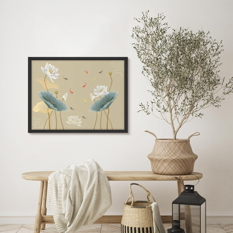 Delicate Lotus Flowers and Playful Koi Fish in Asian-Inspired Design Prints Rustic Framed Poster, 11" H x 14" W, Black