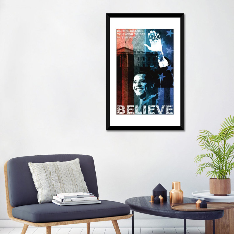 «Obama: Believe», impression sur toile, H 32 po x l 24 po x P 1 po, Papier d'art encadré noir, Blanc