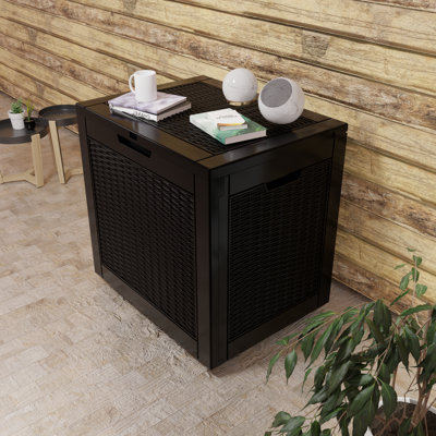 Coffre de rangement extérieur de 30 gallons avec couvercle verrouillable, résine aspect bois, imperméable et résistant aux rayons UV, poignées latérales