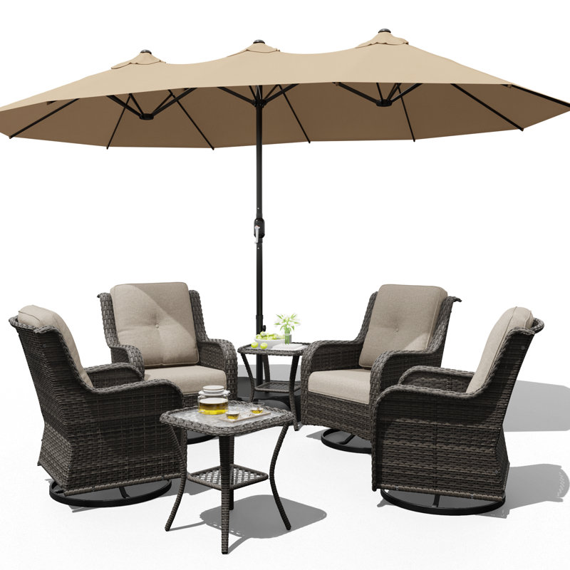 4-Person Outdoor Patio Umbrella Conversation Rattan Seating Group With 2 Coffee Table and 4 Swivel Chairs,3 Colors Available