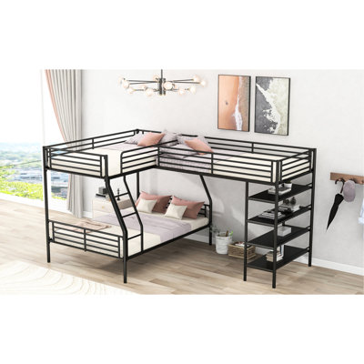 Twin Over Full Metal Bed With Shelf - Black, Safe & Space Saving Size Loft Four Built-in Shelves Modern Design